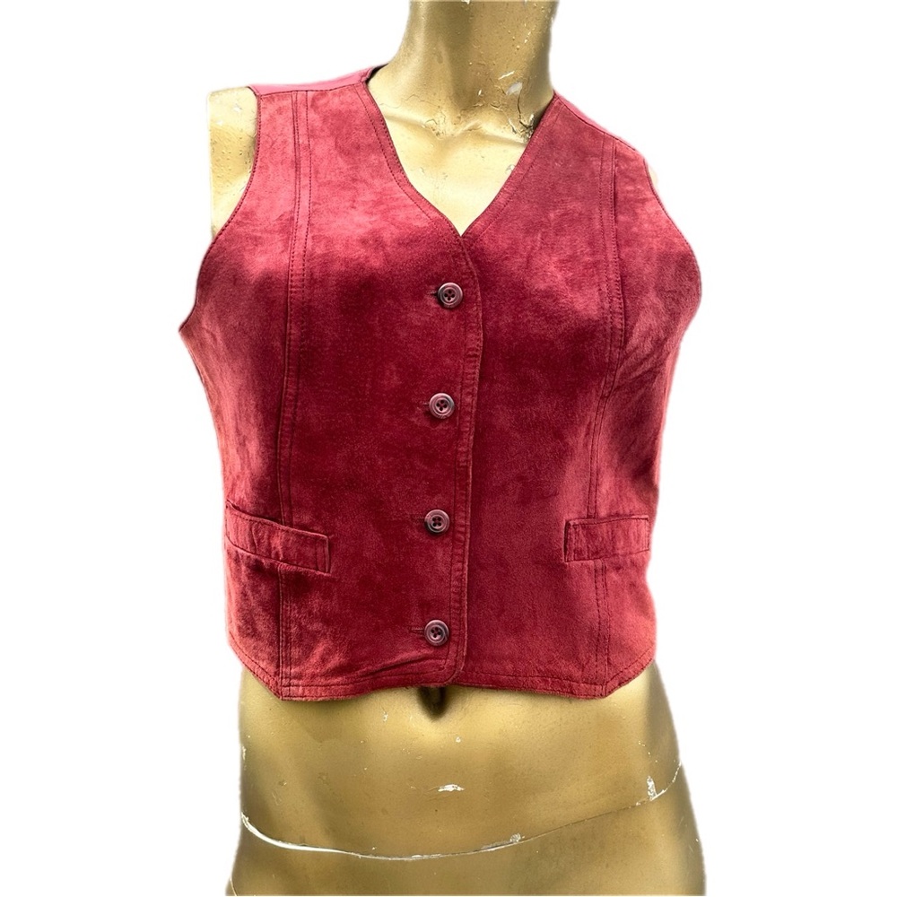 Vintage 90s Suede Vest Leather Loft L Button Front Western Minimalist, Cranberry - Picture 2 of 7